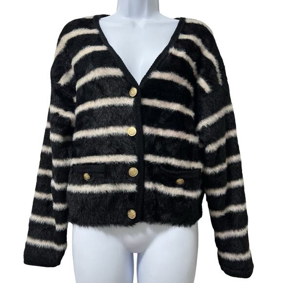 J Crew Womens Striped Brushed Yarn Cardigan Jacket Size S Black Old Money Preppy - Picture 1 of 9